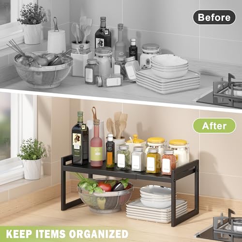 DOLALIKE Expandable Kitchen Countertop Organizer, Stackable Cabinet Shelf Organizers, Space Saving Spice Rack Pantry Storage for Bathroom Office Organization (Black, 2 Pack) | Space Saving Metal Pantry Storage Racks for Kitchen Spice Rack Pans and Untensi