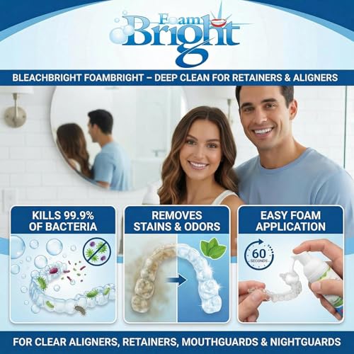 Aligner & Retainer Cleaner Foam Bright, Teeth Whitening Foam, Great for Invisalign, Candid, Byte, Night Guard, Mouth Guard, Dentures, Whitener, Toothpaste & Braces Cleaner, Peroxide Free 4-Pack - color: 4 Units
