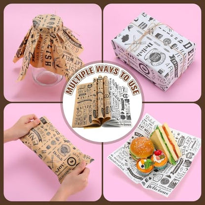 600 Pcs 12 x 12 Inch Deli Wax Paper Sheets Grease Resistant Tray Basket Liners Newsprint Paper Water and Grease Proof Sandwich Wrapping Square Hot Dog Wrappers for Food Baking (Brown,White) - color: Brown, White
