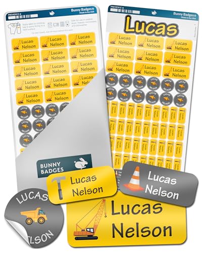 Bunny Badges Personalized Daycare Name Labels for Kids (130 Labels) - Custom Waterproof Name Stickers for Clothing Tags, Water Bottles, Lunch Boxes and School Supplies (Construction) - color: Construction