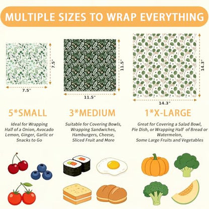 Beeswax Food Wraps, Botanical Leaves Wrap, 9 Pack Eco-Friendly Food Storage, Organic, Sustainable, Biodegradable, Zero Waste, Plastic-Free, For Sandwich, Bowl, Bread, 1XL, 3M, 5S - color: Green Botanical1