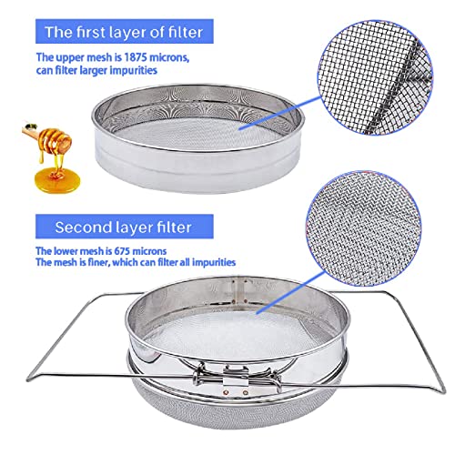 Honey Strainer Double Sieve Stainless Steel for 5 Gallon Bucket | Double sieve honey filter fits 5 gallon buckets, removes wax and debris, with adjustable arms for hands-free harvesting