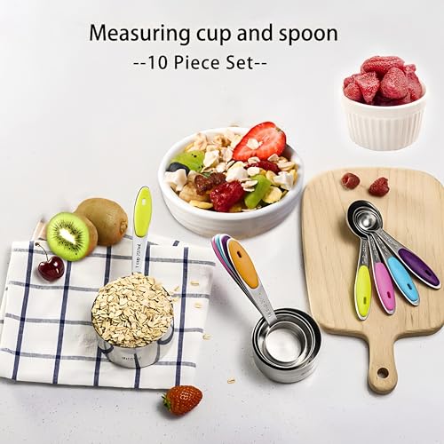 RUNZI 10 Pcs Measuring Cups and Spoons Set,Stackable Metal Measure Cup for Measuring Dry and Liquid Ingredients，Used Kitchen Dry Food, Cooking Baking Measurements,Silvery - color: Silvery-10pcs