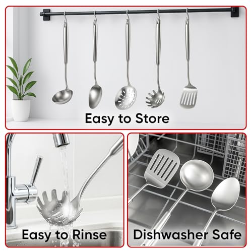5 Pcs Newness Cooking Utensils Set, 304 Stainless Steel Kitchen Utensils Set, Metal Kitchen Accessories, Include Soup Ladle, Slotted Skimmer Spoon, Spaghetti Spoon and Spatula, Dishwasher Safe - size: 5 PCS Cooking Utensils Set