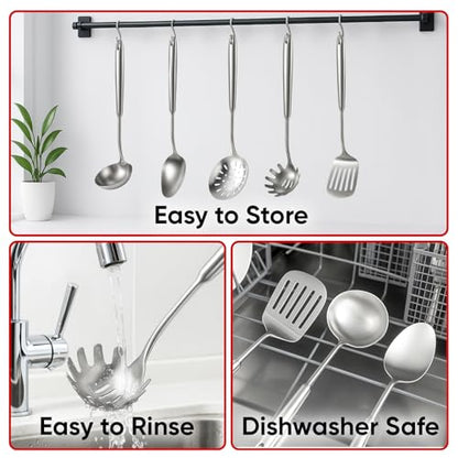 5 Pcs Newness Cooking Utensils Set, 304 Stainless Steel Kitchen Utensils Set, Metal Kitchen Accessories, Include Soup Ladle, Slotted Skimmer Spoon, Spaghetti Spoon and Spatula, Dishwasher Safe - size: 5 PCS Cooking Utensils Set