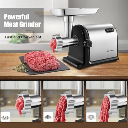 AAOBOSI Heavy Duty Stainless Steel Meat Grinder | 3000W Max | 3 Plates | 3 Sausage Stuffers | Stainless Steel Blade | Kubbe Maker | One-Button Control - color: Silver+Black