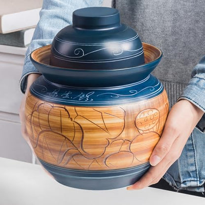 Traditional Chinese Porcelain Pickle Jar, Ceramic Fermenting Jar with Water Seal Airlock Lid, Turnip Kimchi Sauerkraut Fermentation Crock Pickling Pot(3.5kg, BlueA) - color: Bluea, size: 3.5kg