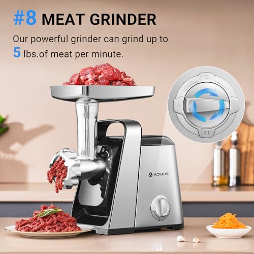 AAOBOSI #8 Meat Grinder, 6-In-1 Meat Grinder Electric [3000W Max] with 4 Slice, Shred Blades,2 Grinding Blades,4 Plates, 3 Sausage Stuffer,Kubbe Kit, Burger Press, 2 Meat Claws, for Home Kitchen Use - color: Stainless Steel+Sliver
