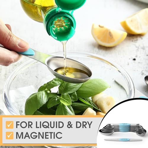 Spring Chef Stainless Steel Magnetic Measuring Spoons Set of 8 with Leveler, Nesting Metal Teaspoon & Tablespoon Measuring Spoons, Fits in Spice Jars, Kitchen Gadgets for Baking & Cooking - Aqua Sky - color: Blue (Aqua Sky), size: 1-Pack