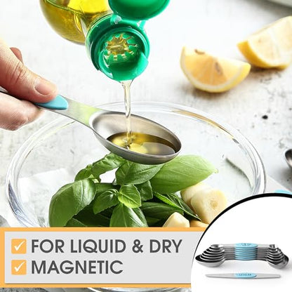 Spring Chef Stainless Steel Magnetic Measuring Spoons Set of 8 with Leveler, Metal Teaspoon & Tablespoon Measuring Spoons with Strong Magnets, Kitchen Gadgets for Baking & Cooking - 2 Pack - Aqua Sky - color: Blue (Aqua Sky), size: 2-Pack