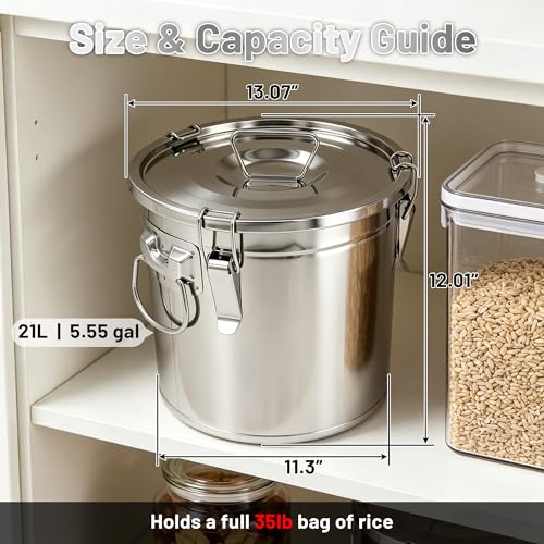 304 Stainless Steel Airtight Food Storage Container with Locking Lid & Clips 5.55gal/21L Large Kitchen Jar for Rice, Flour, Sugar, Grain, Coffee Beans - size: 21L