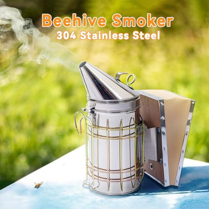 POLLIBEE Bee Smoker Stainless Steel Smoker Kit with Heat Shield Bee Hive Tool J Hook Beekeeping Supplies and Beekeeper Tool Set