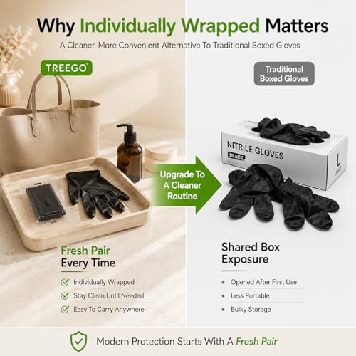 TREEGO Black Individually Wrapped Nitrile Gloves Bundle, Medium, 110 Pairs Total, Disposable 5 Mil Latex Free Powder Free Gloves for Food Prep, BBQ, Cleaning, Catering, Small Business & Everyday Use