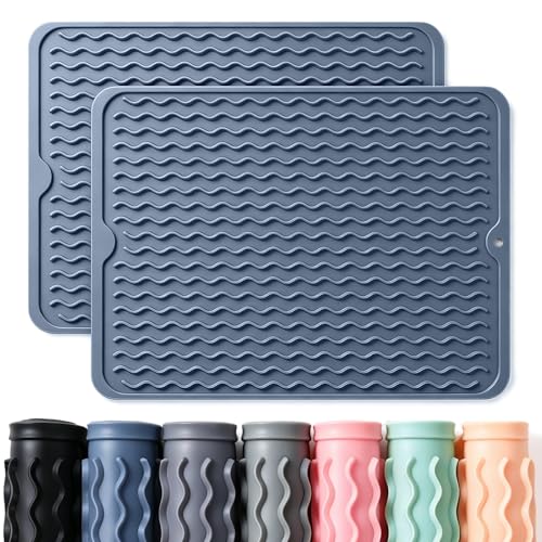2 Pack Caketime Silicone Dish Drying Mat for Kitchen Counter Multiple Usage for Baking Cooking Grilling Under Sink Office Coffee Accessories Apartment Appliances Pioneer Woman Stuff 15"x11.5" Blue - color: Blue, size: 15"*11.5"
