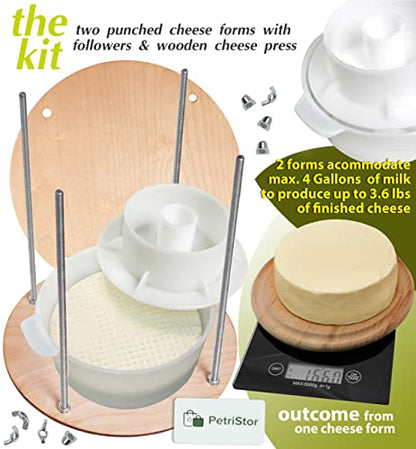 Wooden cheese press diameter 11.2 in and 2 cheese making forms 45 oz Pressure up to 50 Pounds colorless