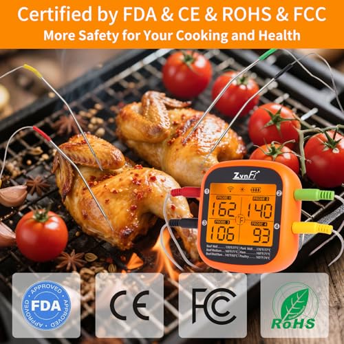 Wireless Digital Meat Thermometer,Instant Read Food Thermometer with LCD Display and 4 Stainless Probes,Advanced Electronic Thermometer Waterproof for BBQ Cooking Kitchen Outside Grill - color: red