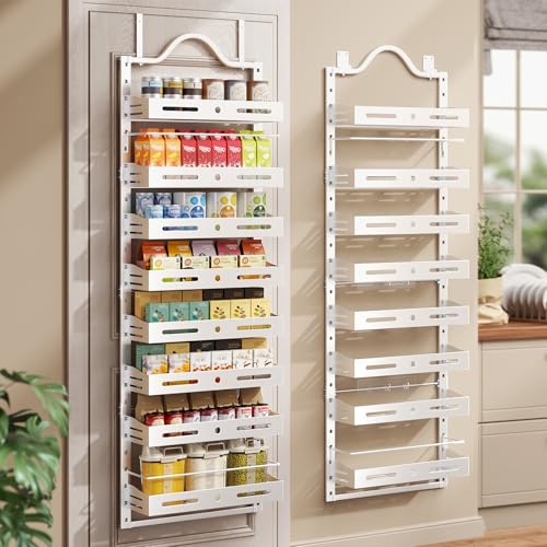 8-Tier Pantry Door Organizer, Large 2 IN 1 Wall Mount or Over The Door Pantry Organizer, Pantry Door Spice Rack with Adjustable Baskets, Over Door Organizer for Kitchen,（72.6×17.1×5.1in, White) - color: White, size: 8-Tier (17.1"W x 5.7"D x 72.6"H)