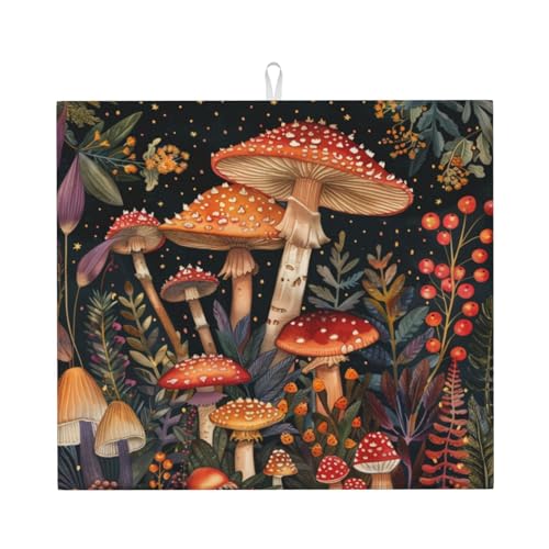 Dish Drying Mat Vintage Mushroom Forest for Kitchen Counter Absorbent 16x18 Inch Microfiber Dishes Plate Glass Dry Draining Pad Reversible Washable - color: A0131, size: 16" x 18"