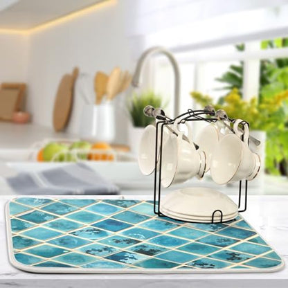 Shiny Turquoise Marble Dish Drying Mats for Kitchen 18x24 inch Drying Pad Dish Drainer Rack Mat Counter Mat Dish Draining Mat - color: Blue, size: 18x24in