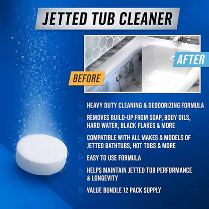 Jetted Tub Cleaner Bathtub Tabs - 12 ACTIVE Cleaning Tablets, Compatible with Whirlpool & Spa Bath System, Jets, Whirl Tubs, Professional Septic Safe Bath Jet Scale and Residue Remover - 1 Year Supply - style: 12 Tablets