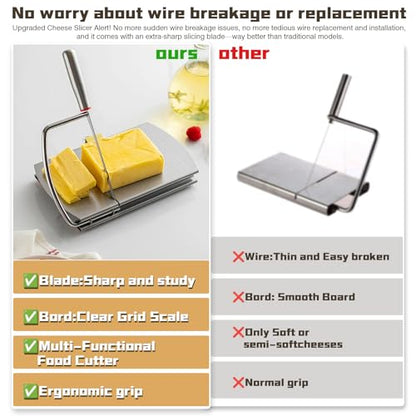 Stainless steel cheese slicer, metal cheese knife, and cutting board with measurements—perfect for slicing block cheese
