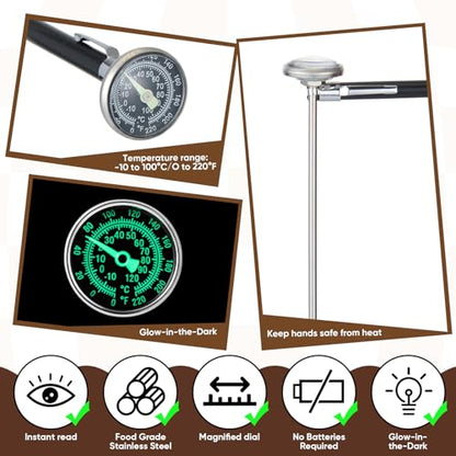 Xuhal 6 Pcs Stainless Steel Kitchen Glow Thermometer with 5 Inch Long Stem 1 Inch Dial Thermometer Milk Frothing Food for Oven Probe Meat Grill BBQ Cooking Chocolate Water(Black) - color: Black