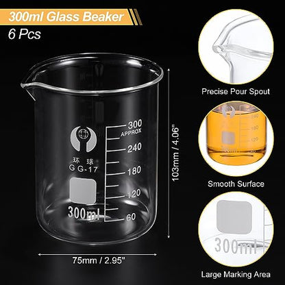 PATIKIL 300ml Low Form Glass Beaker, 6 Pack 3.3 Borosilicate Glass Graduated Printed Scale Measuring Cups with Spout for Kitchen Lab Liquids - size: 300ml
