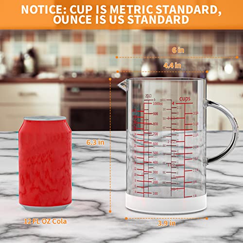 77L Glass Measuring Cup, 4-Cup/1000 ML Liquid Measuring Cups, Measuring Cup With Handle and V-Shaped Spout, Glass Beaker with Three Scales (OZ, Cup, ML), Dishwasher/Freezer/Microwave Safe - size: 4 Cup / 1000 mL