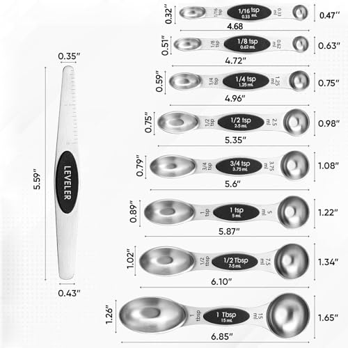Magnetic Measuring Spoons Set,Heavy Duty Stainless Steel,Dual Sided Stackable Measuring Spoons Nesting Teaspoons Tablespoons for Measuring Dry and Liquid Ingredients,Set of 9 (Black) - color: Black
