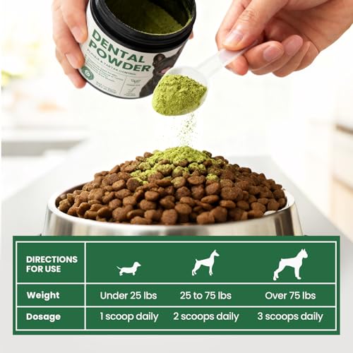 Dog & Cat Dental Powder: Ultimate Breath Freshener & Oral Care - Eliminates Bad Breath, Controls Plaque & Tartar - Enzyme & Probiotic Food Topper - Green Tea Flavor 5.64oz
