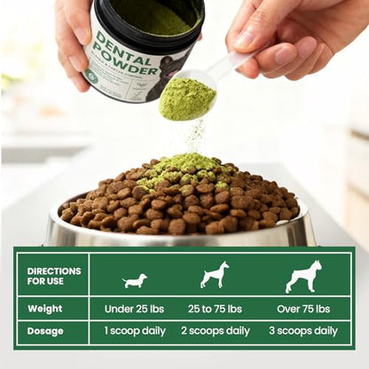 Dog & Cat Dental Powder: Ultimate Breath Freshener & Oral Care - Eliminates Bad Breath, Controls Plaque & Tartar - Enzyme & Probiotic Food Topper - Green Tea Flavor 5.64oz