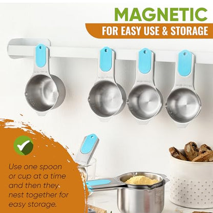 Spring Chef Magnetic Measuring Cups & Spoons Set, Patented, Strong Magnets, Heavy Duty Stainless Steel Fits in Spice Jars for Baking & Cooking, BPA Free, Round Set of 15 with Leveler, Aqua Sky - color: Blue (Aqua Sky), size: Set of 15