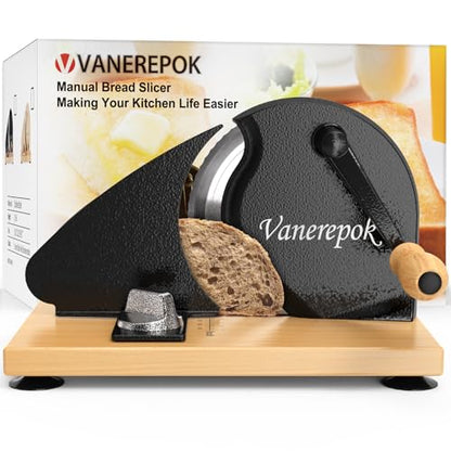 vanerepok Manual Bread Slicer Adjustable Thickness for Homemade Sourdough | Hand Crank Bread Cutter with Scale & Stable Suction Cups & Wood Base for Even Slicing Perfect Baking Gift for Home Bakers - color: Black
