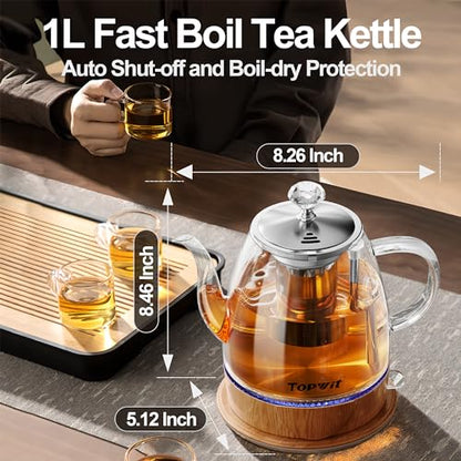Topwit Electric Kettle Glass, For Hot Water, Tea and Coffee Dual Purpose Design, BPA-Free, 1L Pour Over Removable Stainless Steel Infuser, Auto-shut Off & Boil-dry Protect - color: Wood