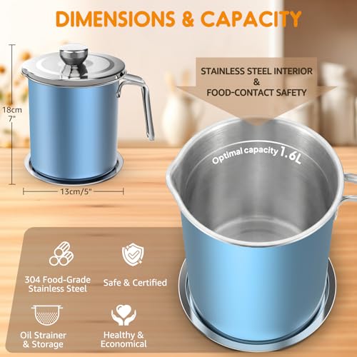 Chihee Grease Container Stainless Steel 2L / 67.6 fl oz Fine Mesh Strainer | Easy to Clean Large Spout Bacon Grease Saver Cooking Oil Keeper Stoarge Can with Dust-proof Lid Non-slip Tray Kitchen Frying - color: Azure(2L)