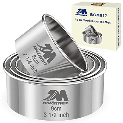M JNGMEI 4 Pieces Stainless Steel Cookie Cutter Set 2.25inch, 2.75inch, 3.25inch,3.5inch Biscuit Plain Edge Round Cutters Sizes Shape Molds GIFT PACKAGE - style: 4pcs(2.25-3.5in )