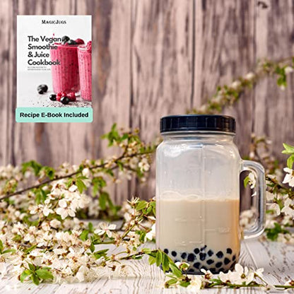 32 oz Wide Mouth Glass Drinking Jar with Handle | Iced Coffee Cup | Includes 2 Lids, 2 Silicone Straws, 2 Stainless Steel Straws, 20 Reusable Ice Cubes, Cleaning Brush & Recipe Book.