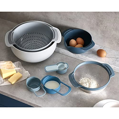 Joseph Joseph Nest 9 Piece Compact Food Preparation Set with Mixing Bowls, Measuring cups, Sieve and Colander, Space Saving, Blue - color: Blue, style: Plastic