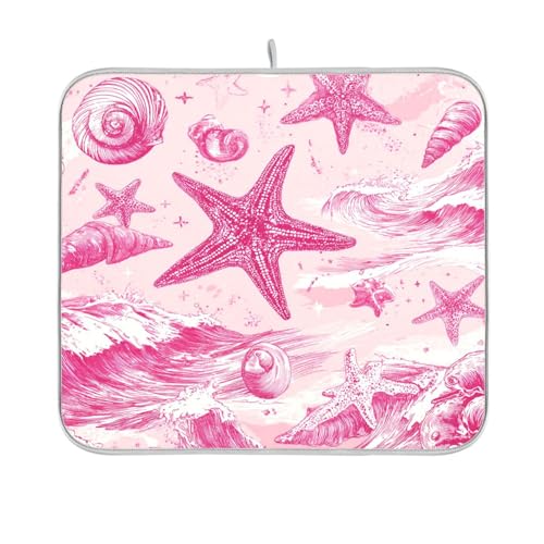 Dish Drying Mat for Kitchen Counter Dish Mat Dish Drainer Mats Kitchen Drying Mat Pad Microfiber Absorbent Reversible 16x18 Inch Bright Pink Starfish Waves Shells - color: Bright Pink Starfish Waves Shells, size: 18" x 16"
