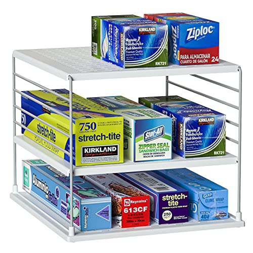 Upgraded Cabinet Organizers - Divided Compartment Holder for Plastic Bag, Wrap, Foil, Snack and Box - Kitchen Organization Under Sink Storage Suitable - color: White&gray