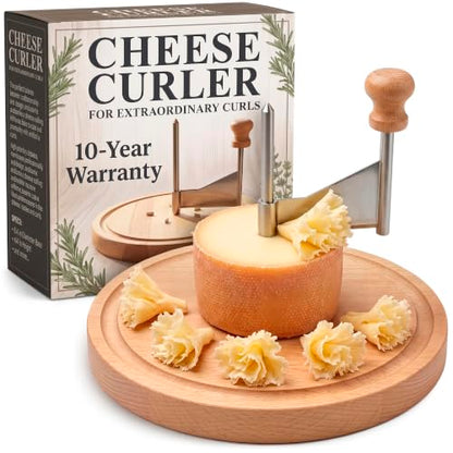 Cheese Curler Wheel for Tete de Moine Cheese Curls - Cheese Shaver Tool with Stainless Steel Blade, Silicone Non-Slip Pads on Wooden Base for Decorative Home and Tableside Serving on Cheese Boards
