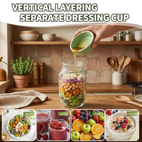 Salad Jar with Side Opening, Mason Jar Pod Lunch Container for Meal Prep, Leakproof Airtight Salad Shaker with Dressing Container, BPA Free & Dishwasher Safe for Office & Travel