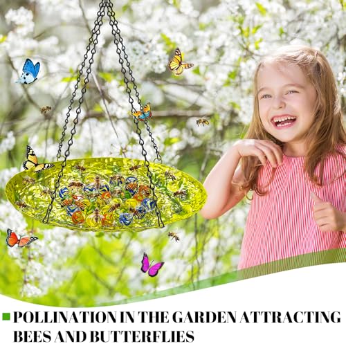 Bee Watering Station for Outside, Hanging Bee Butterfly Feeder for Garden, Metal Butterfly Puddler with Stone Texture Bee Drinking Bowl with Glass Marbles for Outdoors Yard Decor (Hanging-Ellipses) - style: hanging-ellipses
