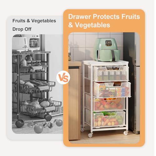 4-Tier Kitchen Storage Cart - Fruit Vegetable Storage Cart with Drawers, Wooden Top Metal Wire Kitchen Organizer and Storage Cart with Wheels to Storage Onions Potatoes Cans Snacks for Kitchen - size: White