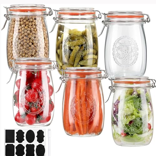 32oz Wide Mouth Glass Jars 4 Pack with Airtight Hinged Lids, Large Clear Kitchen Canisters with Measurement Marks & Decorative Fruit Design for Flour, Coffee, Beans, and Canning (6pack-32oz) - color: 6pack-32oz