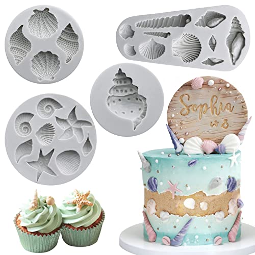 Sakolla Marine Theme Fondant Molds, 4 PCS Seashell Conch Starfish Baking Silicone Molds for Cake Decoration Chocolate Soap Crafting - color: Seashell Conch Starfish 4 Pcs/Grey