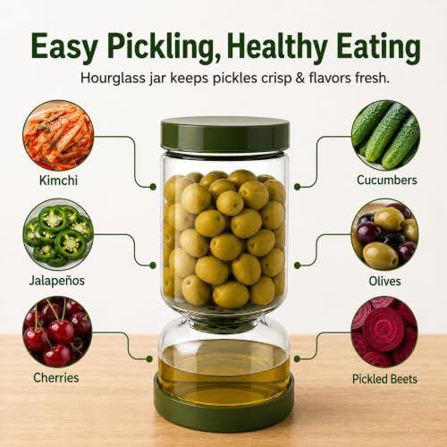 Neoflam Pickle Jar with Flip Strainer, 37 oz Glass Pickle Container for Olives, Jalapeños & Kimchi, Hourglass Juice Separator, Airtight Leak-Proof Food Storage, BPA-Free Wide Mouth Jar