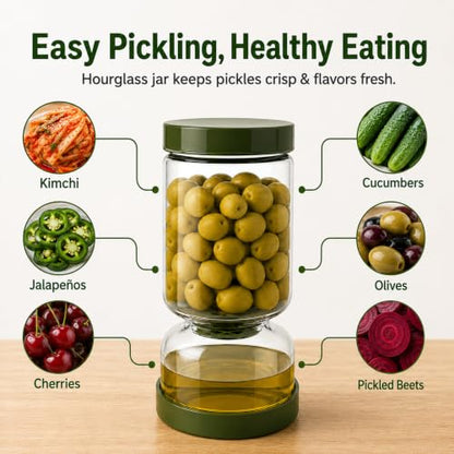 Neoflam Pickle Jar with Flip Strainer, 37 oz Glass Pickle Container for Olives, Jalapeños & Kimchi, Hourglass Juice Separator, Airtight Leak-Proof Food Storage, BPA-Free Wide Mouth Jar