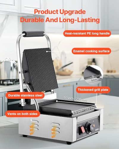 VEVOR Commercial Panini Grill, 1800W Electric Sandwich Panini Maker, Stainless Steel Sandwichs Press Grill with Handle and Temp Control, 8.8x9 in Flat Enamel Plate, for Hamburger Steak Bacon