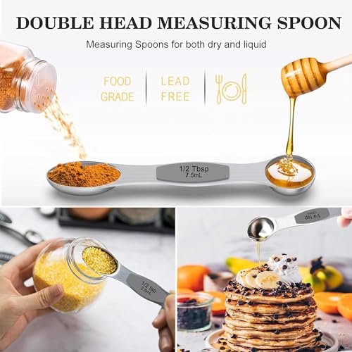 Measuring Cups and Magnetic Measuring Spoons Set, Wildone Stainless Steel 7 Measuring Cups, 8 Double Sided Stackable Magnetic Measuring Spoons, 1 Leveler & 5 Mini Spoons - 21 Piece - color: Silver